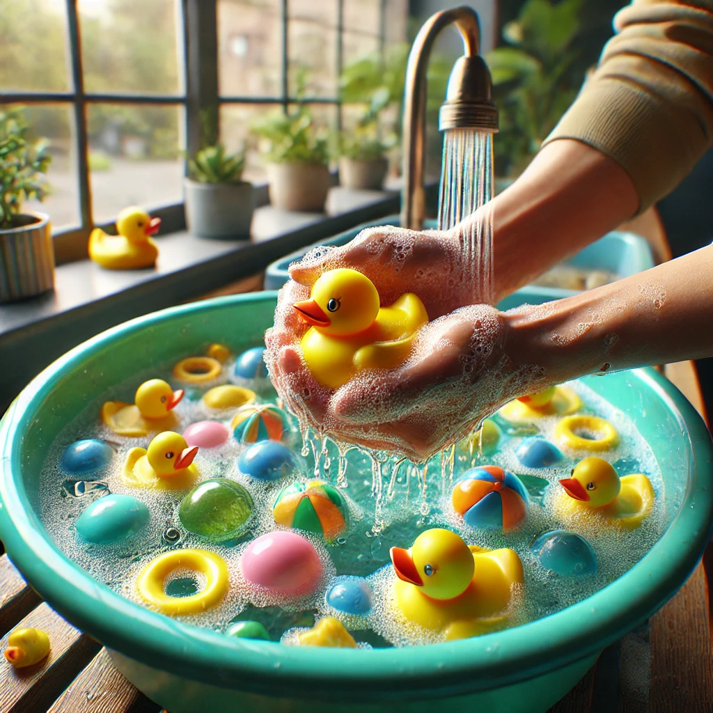DALL·E 2024 12 23 20.10.59 A Highly Realistic Scene Showing Hands Cleaning A Yellow Plastic Toy In A